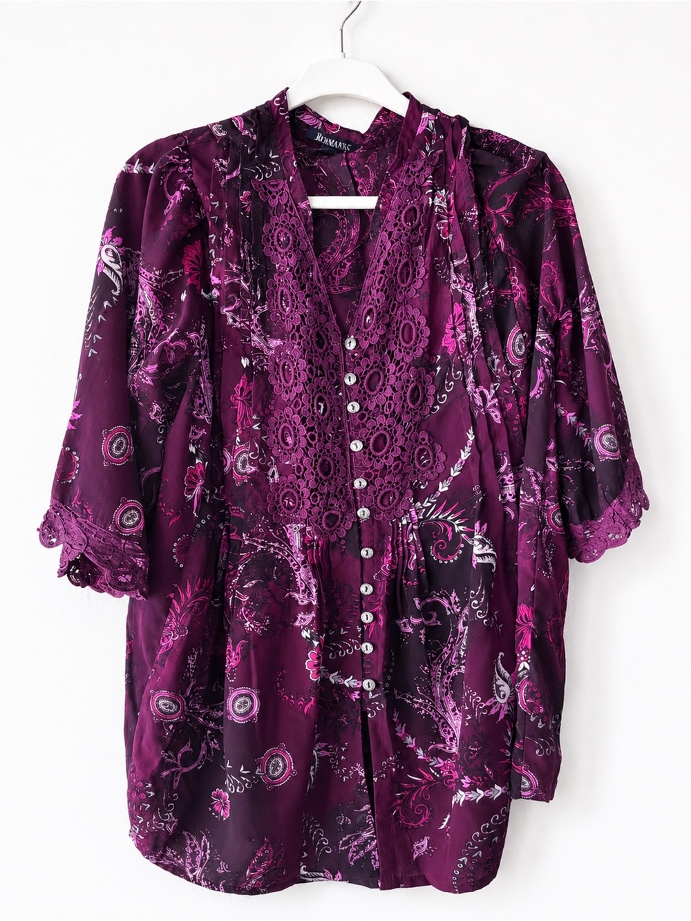 Roaman's Plum Floral Lace-Trim Button Blouse